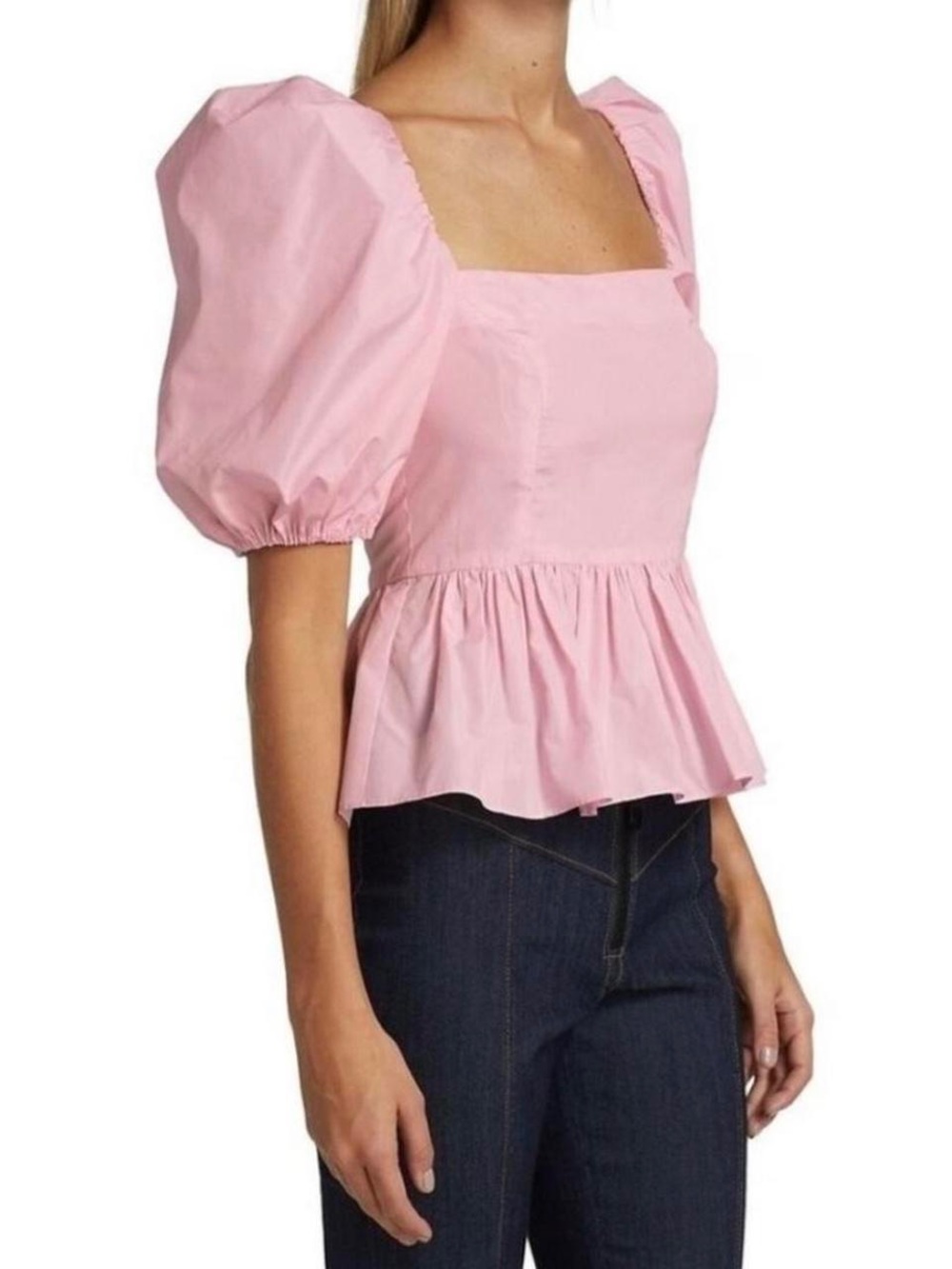 Cinq à Sept Pink Off-Shoulder Puff-Sleeve Peplum Top Size M